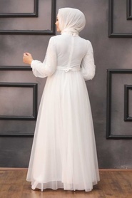 Tesettürlü Abiye Elbise - İnci Detaylı Beyaz Tesettür Abiye Elbise 5514B - Thumbnail