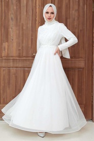Tesettürlü Abiye Elbise - İnci Detaylı Beyaz Tesettür Abiye Elbise 56641B - Thumbnail