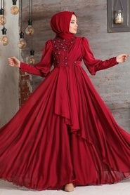 Tesettürlü Abiye Elbise - İnci Detaylı Bordo Tesettür Abiye Elbise 21930BR - Thumbnail
