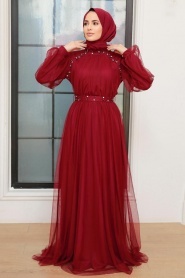 Tesettürlü Abiye Elbise - İnci Detaylı Bordo Tesettür Abiye Elbise 22041BR - Thumbnail