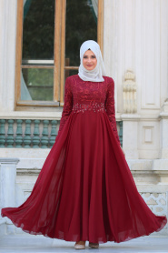 Tesettürlü Abiye Elbise - İnci Detaylı Bordo Tesettür Abiye Elbise 7558BR - Thumbnail