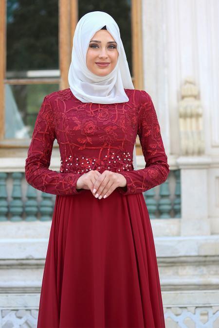Tesettürlü Abiye Elbise - İnci Detaylı Bordo Tesettür Abiye Elbise 7558BR - 2