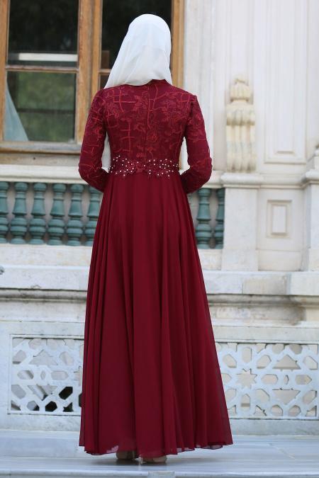 Tesettürlü Abiye Elbise - İnci Detaylı Bordo Tesettür Abiye Elbise 7558BR - 3