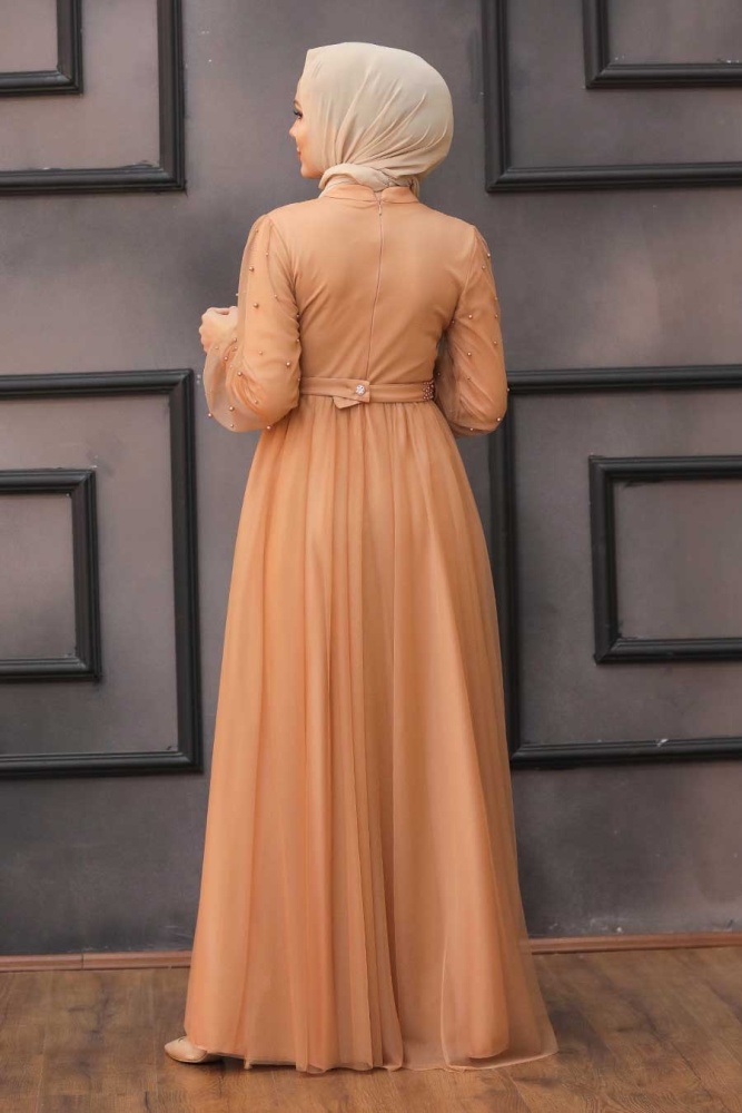 Tesettürlü Abiye Elbise - İnci Detaylı Camel Tesettür Abiye Elbise 5514C - 4