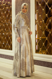 Tesettürlü Abiye Elbise - İnci Detaylı Desenli Bej Abiye Elbise - Thumbnail