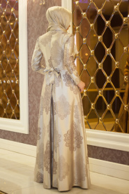Tesettürlü Abiye Elbise - İnci Detaylı Desenli Bej Abiye Elbise - Thumbnail