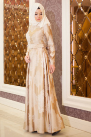 Tesettürlü Abiye Elbise - İnci Detaylı Desenli Gold Abiye Elbise - Thumbnail
