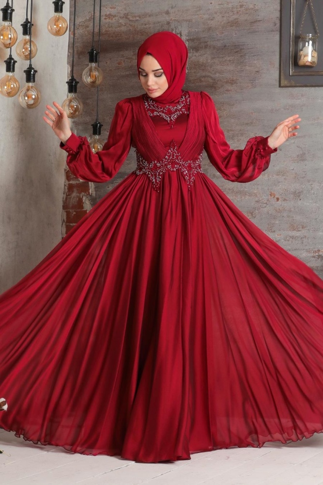 Tesettürlü Abiye Elbise - İnci Detaylı Drapeli Bordo Tesettür Abiye Elbise 21890BR - 1