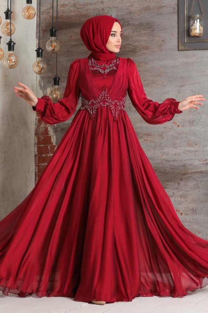 Tesettürlü Abiye Elbise - İnci Detaylı Drapeli Bordo Tesettür Abiye Elbise 21890BR - 2