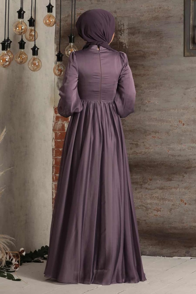 Tesettürlü Abiye Elbise - İnci Detaylı Drapeli Lila Tesettür Abiye Elbise 21890LILA - 2