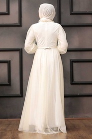 Tesettürlü Abiye Elbise - İnci Detaylı Ekru Tesettür Abiye Elbise 2712E - Thumbnail