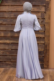 Tesettürlü Abiye Elbise - İnci Detaylı Gri Tesettür Abiye Elbise 21930GR - Thumbnail