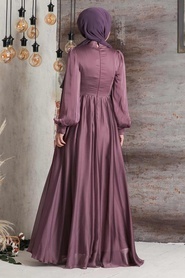 Tesettürlü Abiye Elbise - İnci Detaylı Gül Kurusu Tesettür Abiye Elbise 21930GK - Thumbnail