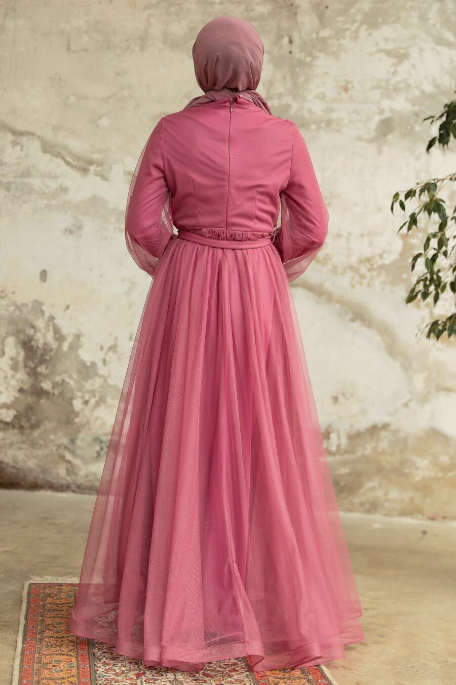 Tesettürlü Abiye Elbise - İnci Detaylı Gül Kurusu Tesettür Abiye Elbise 25841GK