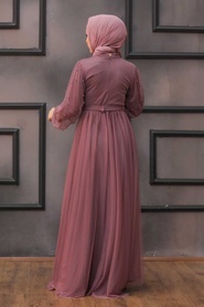 Tesettürlü Abiye Elbise - İnci Detaylı Gül Kurusu Tesettür Abiye Elbise 5514GK - Thumbnail