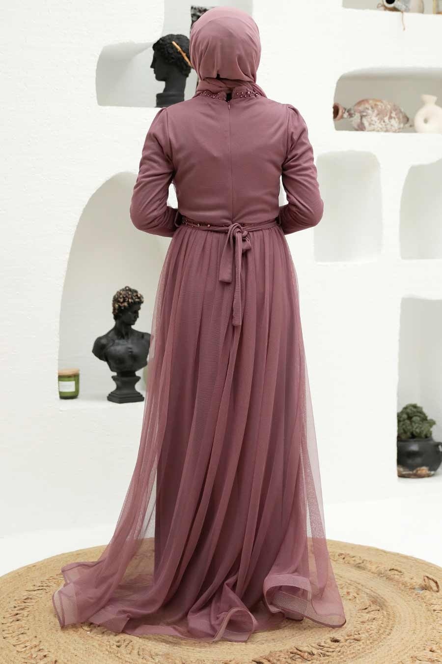 Tesettürlü Abiye Elbise - İnci Detaylı Gül Kurusu Tesettür Abiye Elbise 56641GK
