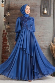 Tesettürlü Abiye Elbise - İnci Detaylı İndigo Mavisi Tesettür Abiye Elbise 21930IM - Thumbnail