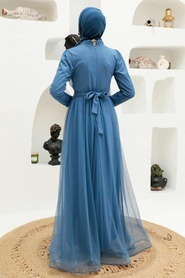 Tesettürlü Abiye Elbise - İnci Detaylı İndigo Mavisi Tesettür Abiye Elbise 56641IM - Thumbnail