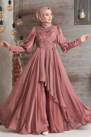 Tesettürlü Abiye Elbise - İnci Detaylı Kiremit Tesettür Abiye Elbise 21930KRMT - Thumbnail