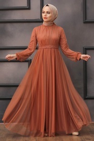 Tesettürlü Abiye Elbise - İnci Detaylı Kiremit Tesettür Abiye Elbise 5514KRMT - Thumbnail