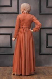 Tesettürlü Abiye Elbise - İnci Detaylı Kiremit Tesettür Abiye Elbise 5514KRMT - Thumbnail