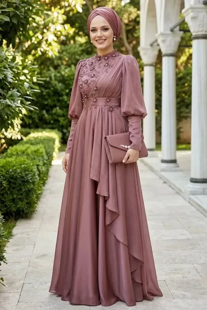 Tesettürlü Abiye Elbise - İnci Detaylı Koyu Bakır Tesettür Abiye Elbise 21930KBKR - 1