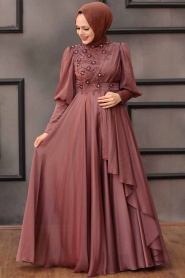 Tesettürlü Abiye Elbise - İnci Detaylı Koyu Bakır Tesettür Abiye Elbise 21930KBKR - Thumbnail