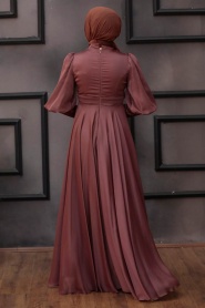 Tesettürlü Abiye Elbise - İnci Detaylı Koyu Bakır Tesettür Abiye Elbise 21930KBKR - Thumbnail