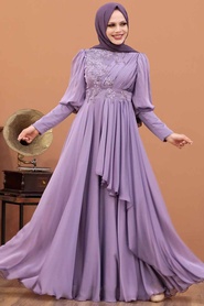 Tesettürlü Abiye Elbise - İnci Detaylı Lila Tesettür Abiye Elbise 21930LILA - Thumbnail
