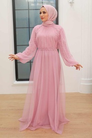 Tesettürlü Abiye Elbise - İnci Detaylı Pudra Tesettür Abiye Elbise 9170PD - Thumbnail