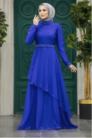 Tesettürlü Abiye Elbise - İnci Detaylı Sax Mavisi Tesettür Abiye Elbise 22223SX - Thumbnail
