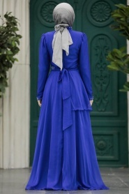 Tesettürlü Abiye Elbise - İnci Detaylı Sax Mavisi Tesettür Abiye Elbise 22223SX - Thumbnail