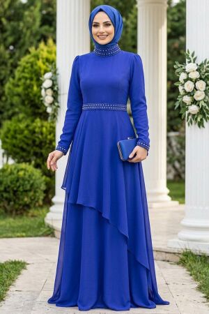 Tesettürlü Abiye Elbise - İnci Detaylı Sax Mavisi Tesettür Abiye Elbise 22223SX - 1