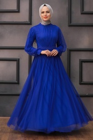Tesettürlü Abiye Elbise - İnci Detaylı Sax Mavisi Tesettür Abiye Elbise 5514SX - Thumbnail