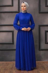 Tesettürlü Abiye Elbise - İnci Detaylı Sax Mavisi Tesettür Abiye Elbise 5514SX - Thumbnail