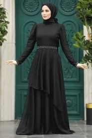 Tesettürlü Abiye Elbise - İnci Detaylı Siyah Tesettür Abiye Elbise 22223S - Thumbnail