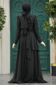 Tesettürlü Abiye Elbise - İnci Detaylı Siyah Tesettür Abiye Elbise 22223S - Thumbnail