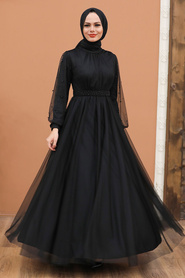 Tesettürlü Abiye Elbise - İnci Detaylı Siyah Tesettür Abiye Elbise 5514S - Thumbnail