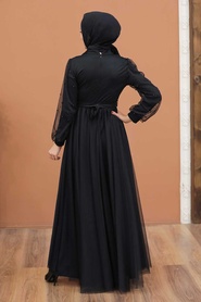 Tesettürlü Abiye Elbise - İnci Detaylı Siyah Tesettür Abiye Elbise 5514S - Thumbnail
