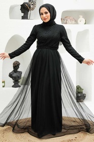 Tesettürlü Abiye Elbise - İnci Detaylı Siyah Tesettür Abiye Elbise 56641S - Thumbnail