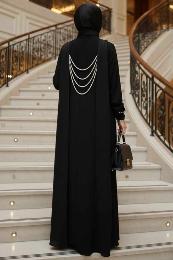 Tesettürlü Abiye Elbise - İnci Detaylı Siyah Tesettür Abiye Elbise 61981S - 2