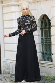 Tesettürlü Abiye Elbise - İnci Detaylı Siyah Tesettür Abiye Elbise 7558S - Thumbnail
