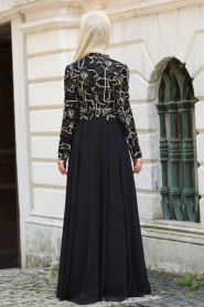 Tesettürlü Abiye Elbise - İnci Detaylı Siyah Tesettür Abiye Elbise 7558S - Thumbnail