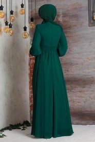 Tesettürlü Abiye Elbise - İnci Detaylı Yeşil Tesettür Abiye Elbise 21921Y - Thumbnail