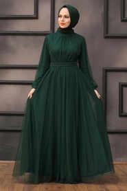 Tesettürlü Abiye Elbise - İnci Detaylı Yeşil Tesettür Abiye Elbise 5514Y - Thumbnail