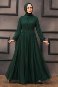 Tesettürlü Abiye Elbise - İnci Detaylı Yeşil Tesettür Abiye Elbise 5514Y - Thumbnail