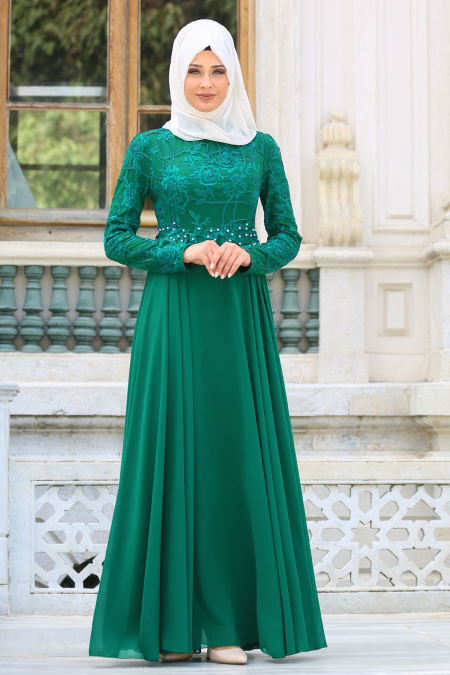 Tesettürlü Abiye Elbise - İnci Detaylı Yeşil Tesettür Abiye Elbise 7558Y
