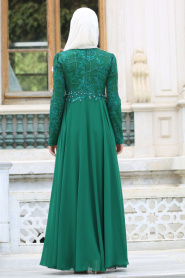 Tesettürlü Abiye Elbise - İnci Detaylı Yeşil Tesettür Abiye Elbise 7558Y - Thumbnail