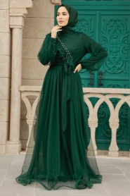 Tesettürlü Abiye Elbise - İnci Detaylı Zümrüt Yeşili Tesettür Abiye Elbise 25841ZY - Thumbnail