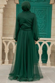 Tesettürlü Abiye Elbise - İnci Detaylı Zümrüt Yeşili Tesettür Abiye Elbise 25841ZY - Thumbnail